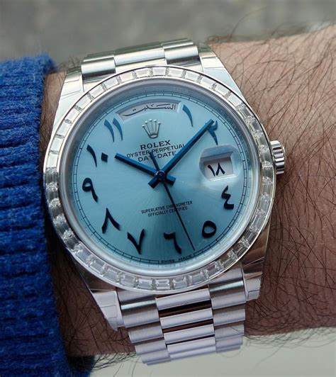 rolex day-date arabic white face|rolex watch with arabic numbers.